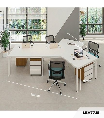 Cụm bàn làm việc 4+1 người LBV77.15 352x268 - Mặt bàn trắng - Khung trắng - Tủ vân gỗ