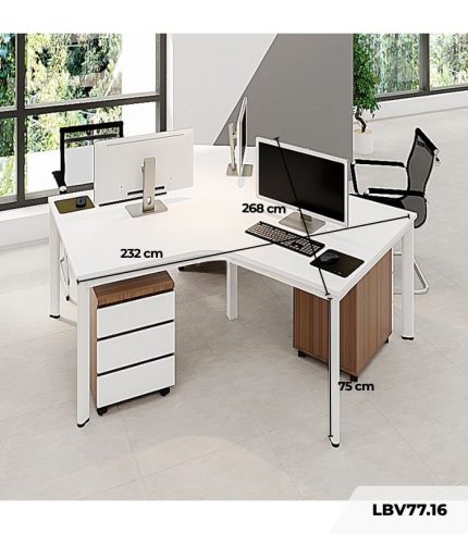 Cụm bàn làm việc 3 người LBV77.16 268x232 - Mặt bàn trắng - Khung trắng - Tủ vân gỗ