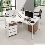 Cụm bàn làm việc 3 người LBV77.16 268x232 - Mặt bàn trắng - Khung trắng - Tủ vân gỗ