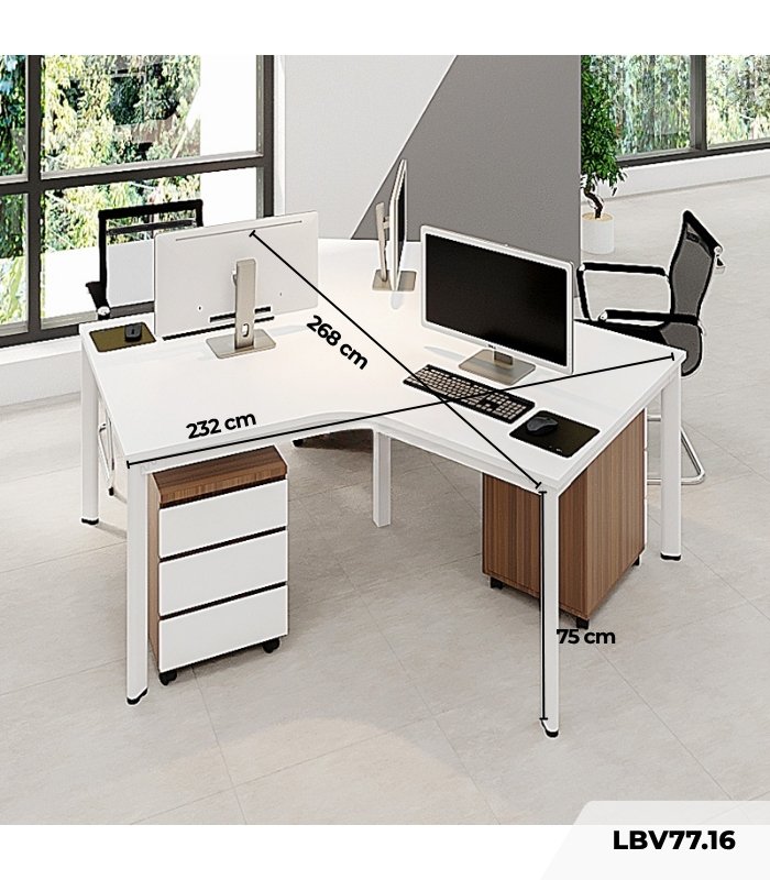 Cụm bàn làm việc 3 người LBV77.16 268x232 - Mặt bàn trắng - Khung trắng - Tủ vân gỗ