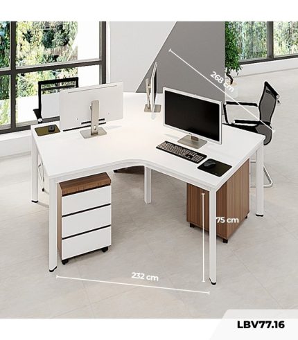Cụm bàn làm việc 3 người LBV77.16 268x232 - Mặt bàn trắng - Khung trắng - Tủ vân gỗ