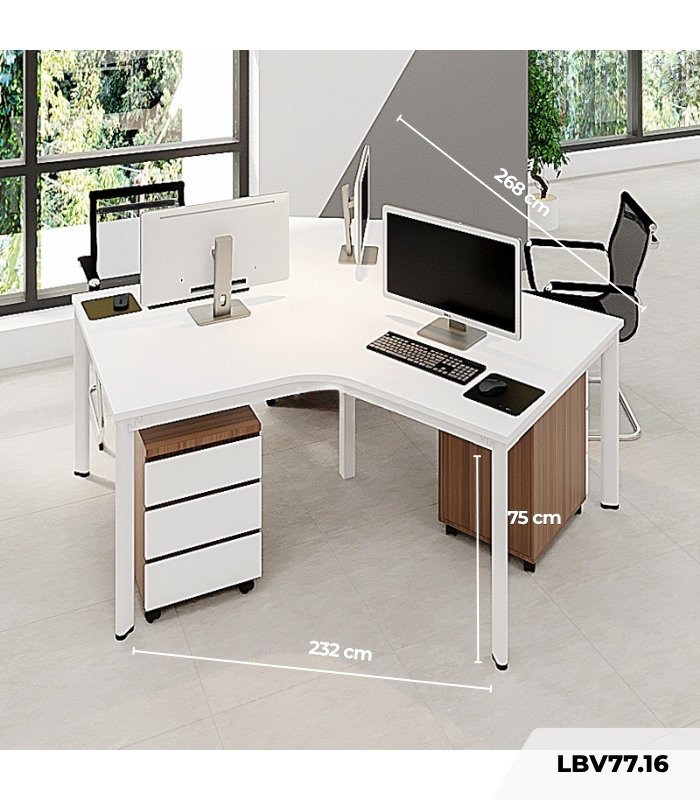 Cụm bàn làm việc 3 người LBV77.16 268x232 - Mặt bàn trắng - Khung trắng - Tủ vân gỗ