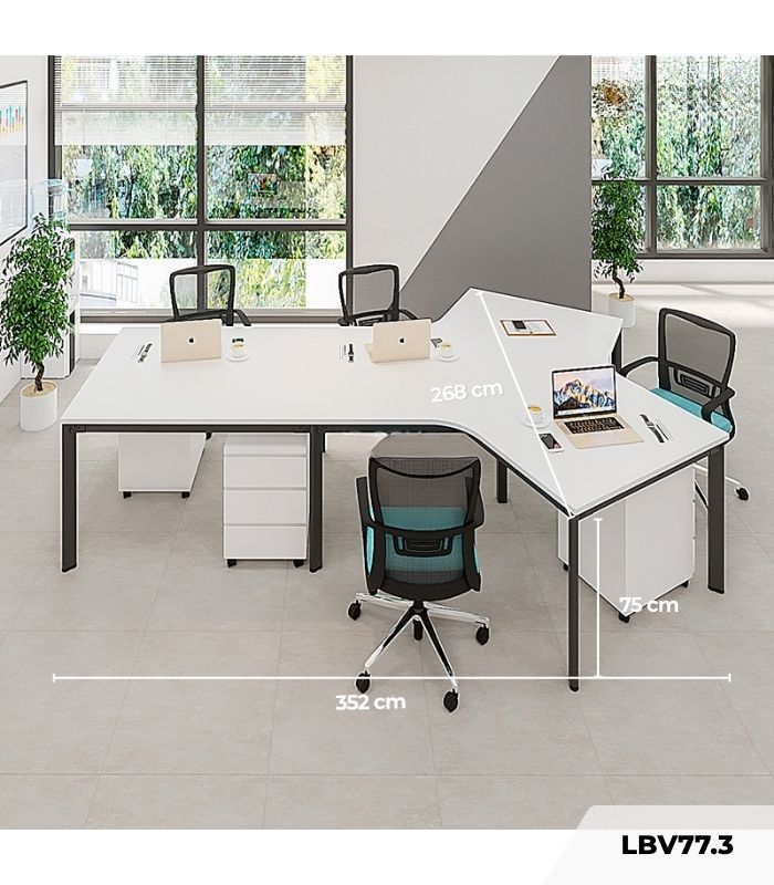 Cụm bàn làm việc 4+1 người LBV77.3 352x268 - Mặt bàn trắng - Khung đen