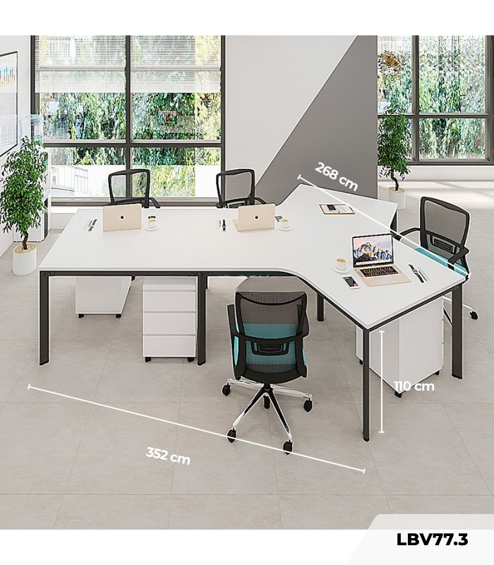 Cụm bàn làm việc 4+1 người LBV77.3 352x268 - Mặt bàn trắng - Khung đen