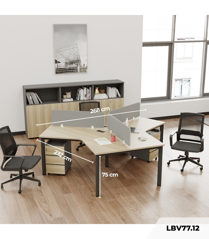 Cụm bàn làm việc 3 người LBV77.12 268x232 - Mặt bàn vân gỗ - Khung đen
