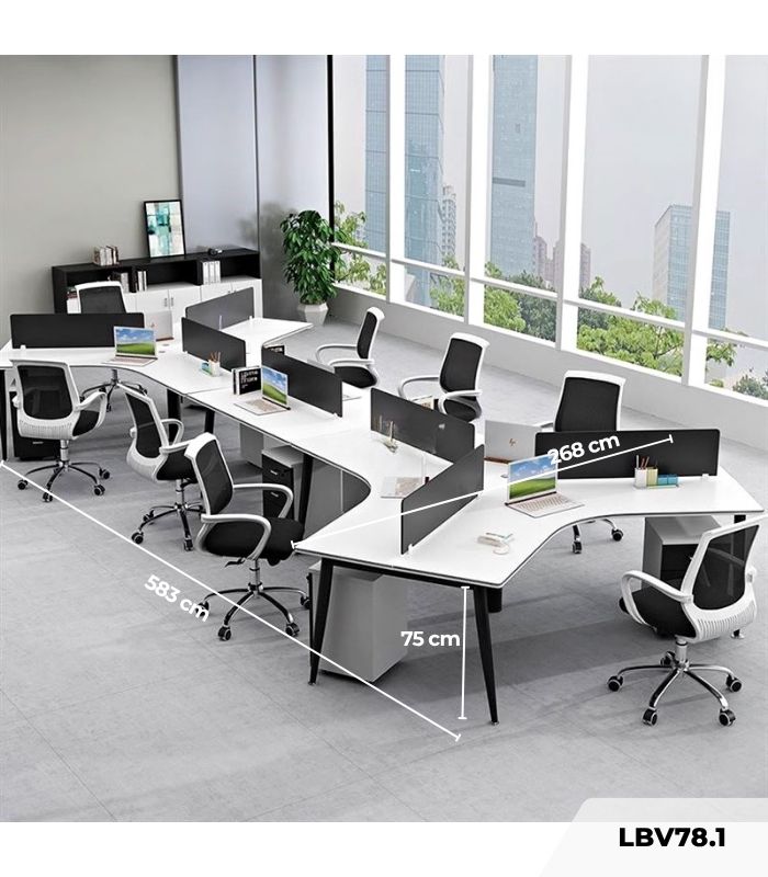 Cụm bàn làm việc 8 người LBV78.1 583x268 - Mặt bàn trắng - Khung đen
