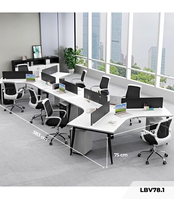 Cụm bàn làm việc 8 người LBV78.1 583x268 - Mặt bàn trắng - Khung đen