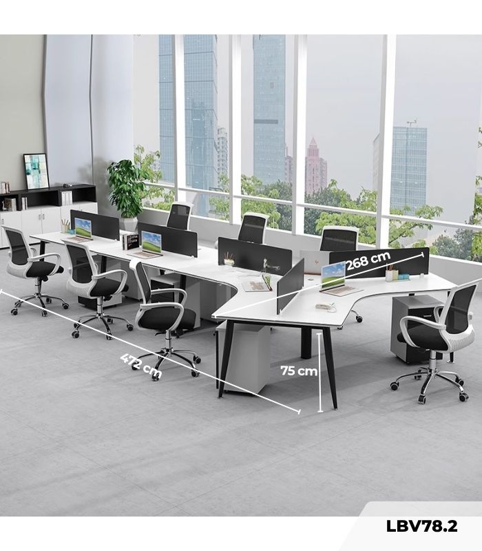 Cụm bàn làm việc 6+1 người LBV78.2 472x268 - Mặt bàn trắng - Khung đen
