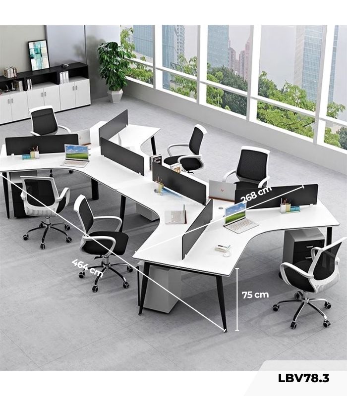 Cụm bàn làm việc 6 người LBV78.3 464x268 - Mặt bàn trắng - Khung đen