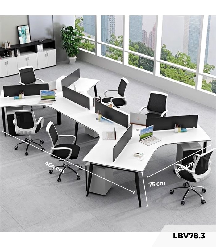 Cụm bàn làm việc 6 người LBV78.3 464x268 - Mặt bàn trắng - Khung đen