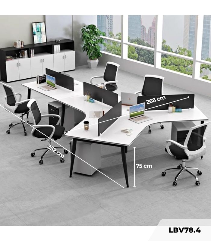 Cụm bàn làm việc 4+1 người LBV78.4 352x268 - Mặt bàn trắng - Khung đen