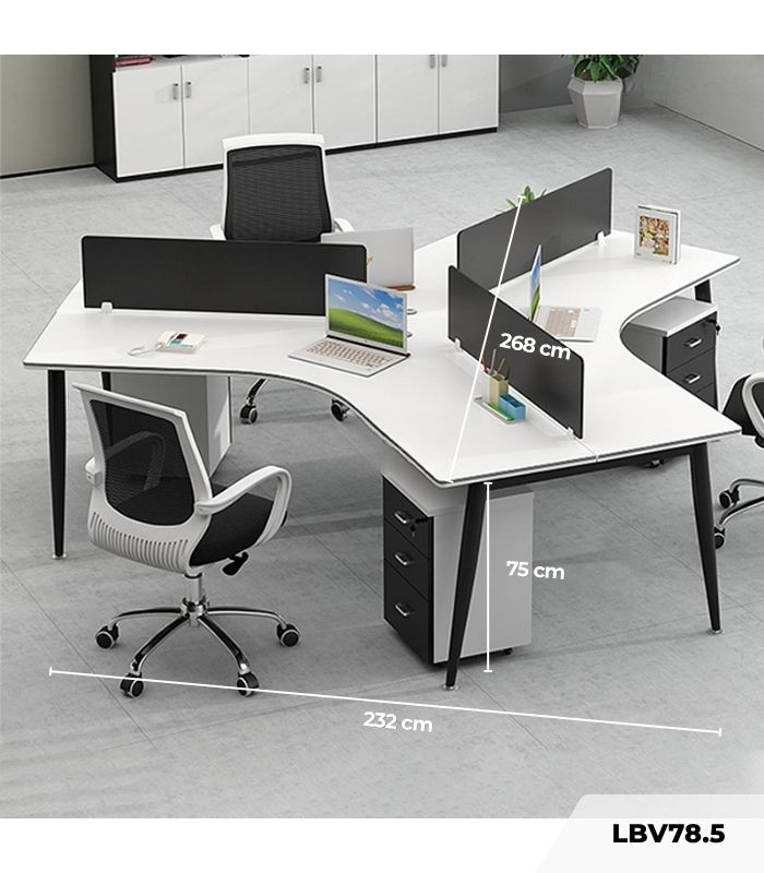 Cụm bàn làm việc 3 người LBV78.5 268x232 - Mặt bàn trắng - Khung đen
