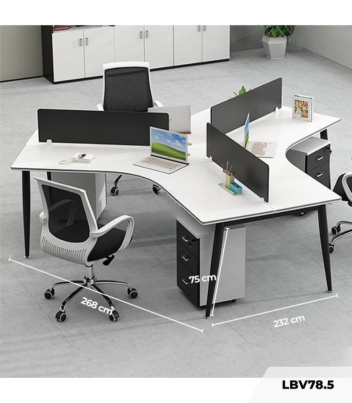 Cụm bàn làm việc 3 người LBV78.5 268x232 - Mặt bàn trắng - Khung đen