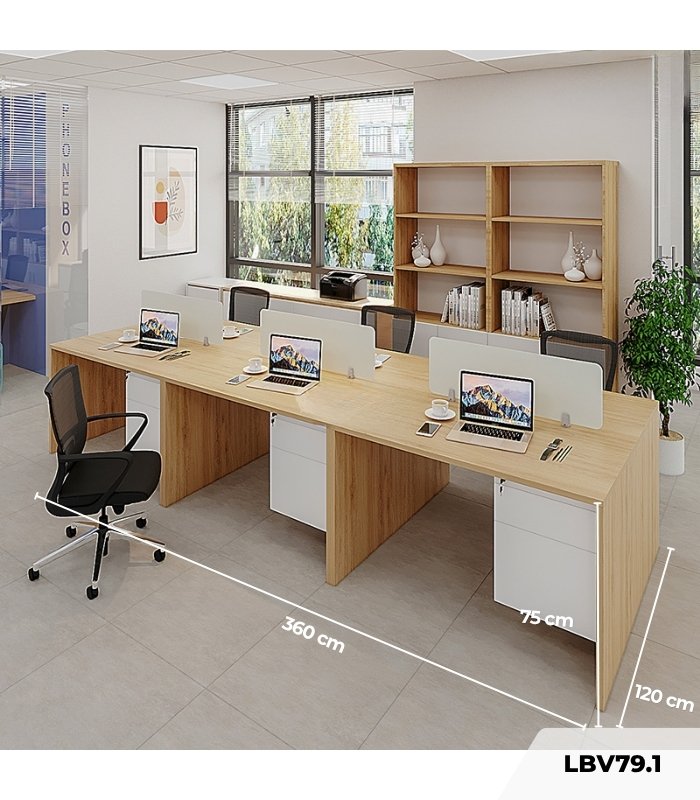 Cụm bàn làm việc 6 người LBV79.1 360x120 - Vân gỗ nhạt