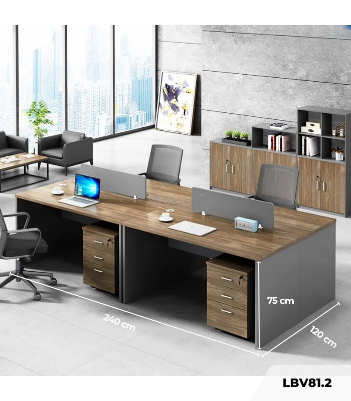Cụm bàn làm việc 4 người LBV81.2 240x120 - Vân gỗ đậm kết hợp Ghi