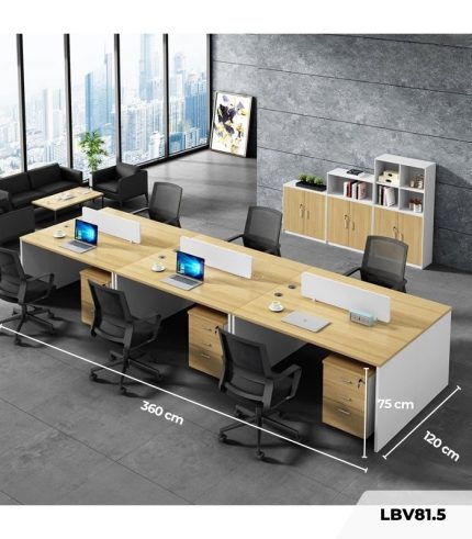 Cụm bàn làm việc 6 người LBV81.5 360x120 - Vân gỗ nhạt kết hợp Trắng