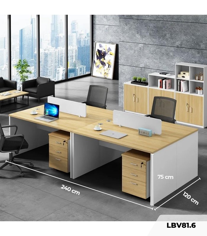 Cụm bàn làm việc 4 người LBV81.6 240x120 - Vân gỗ nhạt kết hợp Trắng