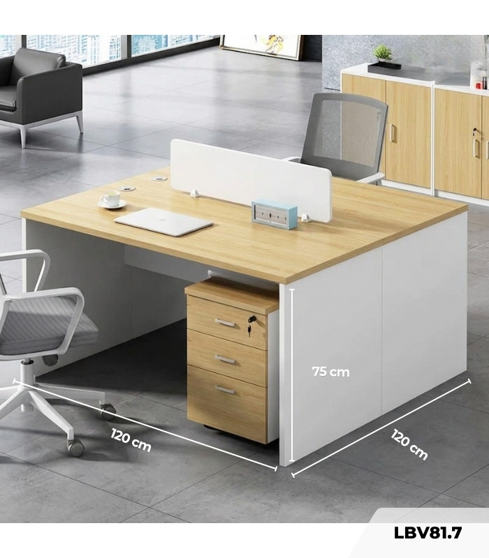 Cụm bàn làm việc 2 người LBV81.7 120x120 - Vân gỗ nhạt kết hợp Trắng