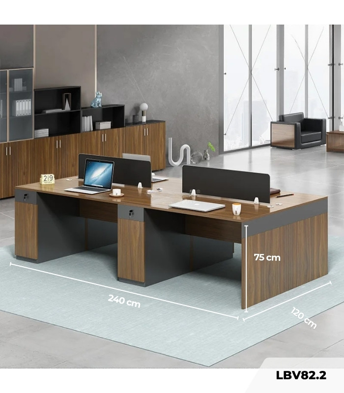 Cụm bàn làm việc 4 người LBV82.2 240x120 - Vân gỗ đậm kết hợp Ghi