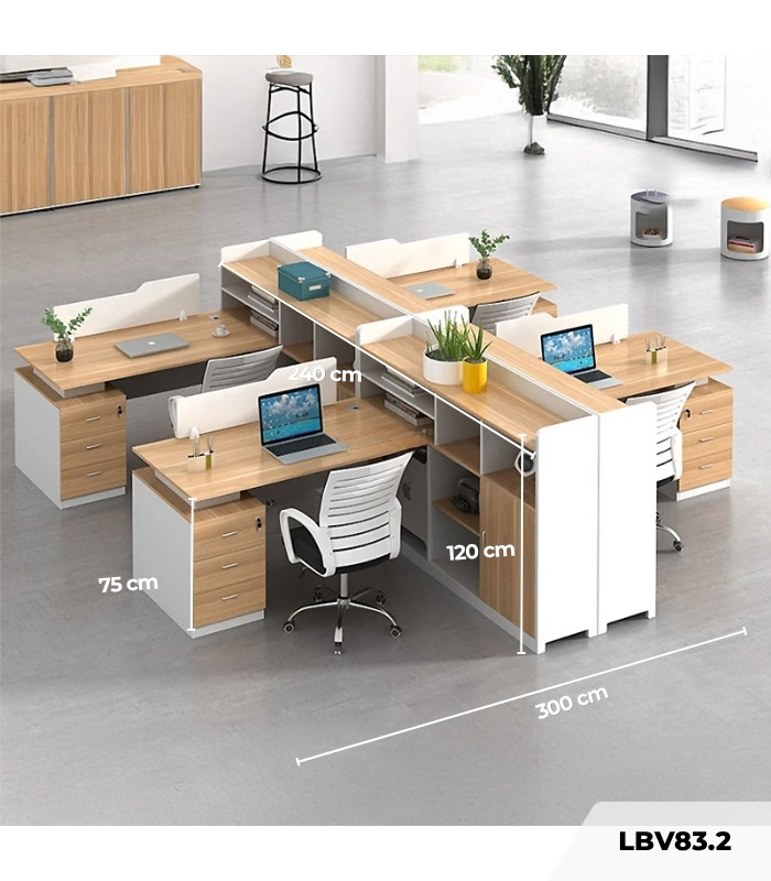 Cụm bàn làm việc 4 người LBV83.2 300x240 - Vân gỗ nhạt kết hợp Trắng