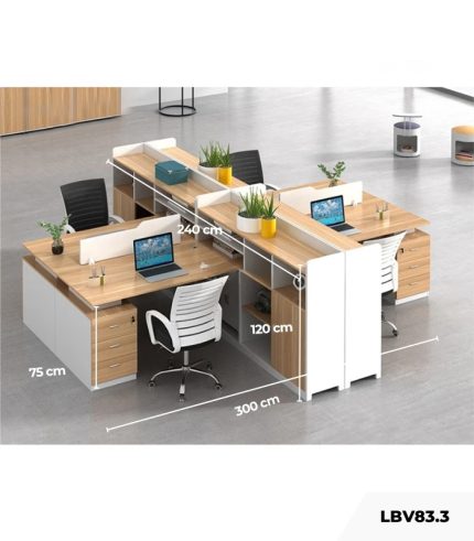 Cụm bàn làm việc 4 người LBV83.3 300x240 - Vân gỗ nhạt kết hợp Trắng