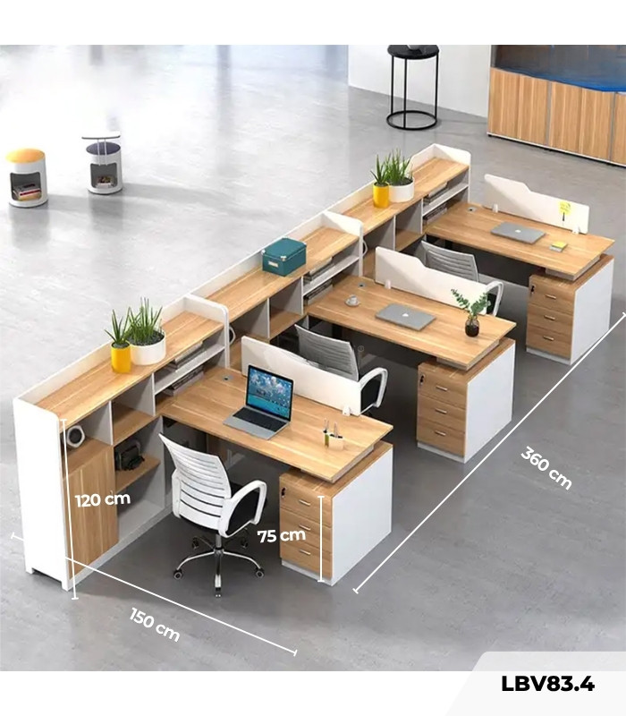 Cụm bàn làm việc 3 người LBV83.4 150x360 - Vân gỗ nhạt kết hợp Trắng