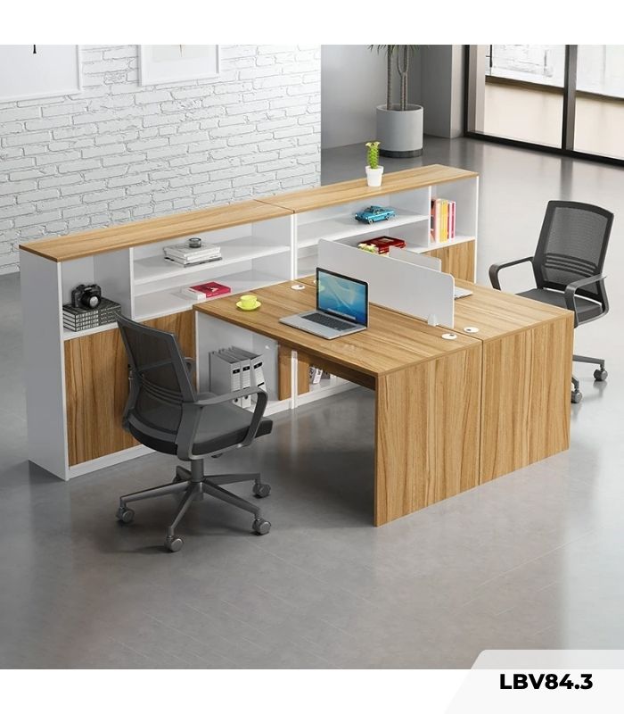 Cụm bàn làm việc 2 người LBV84.3 150x240 - Vân gỗ nhạt kết hợp Trắng