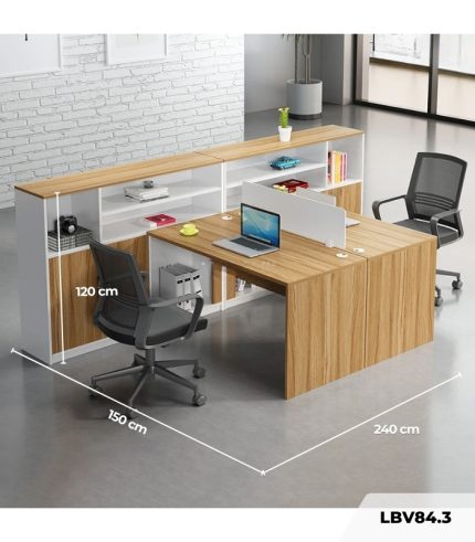 Cụm bàn làm việc 2 người LBV84.3 150x240 - Vân gỗ nhạt kết hợp Trắng