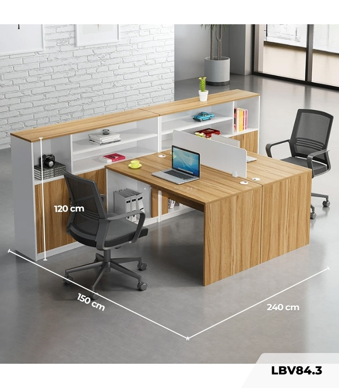 Cụm bàn làm việc 2 người LBV84.3 150x240 - Vân gỗ nhạt kết hợp Trắng