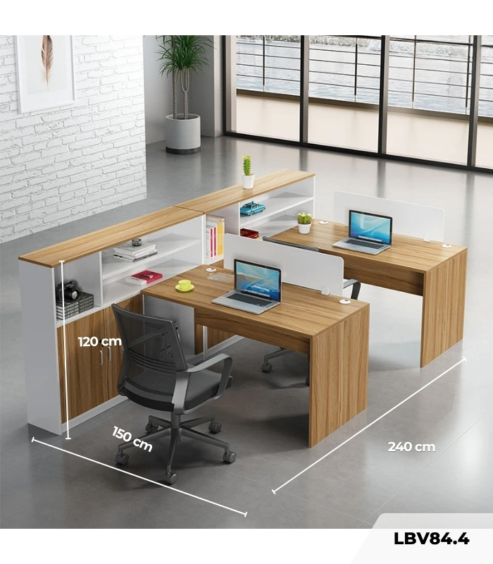 Cụm bàn làm việc 2 người LBV84.4 150x240 - Vân gỗ nhạt kết hợp Trắng