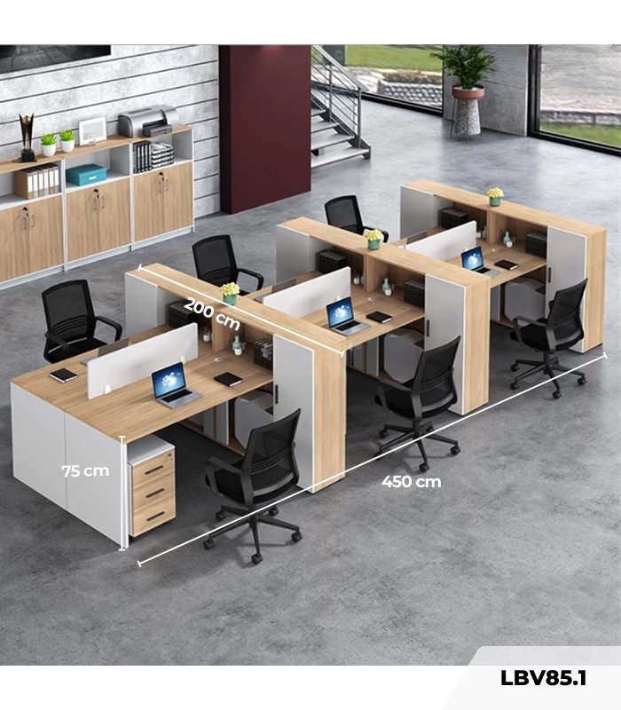 Cụm bàn làm việc 6 người LBV85.1 450x200 - Vân gỗ nhạt kết hợp Trắng