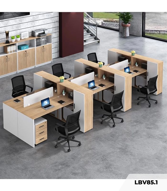Cụm bàn làm việc 6 người LBV85.1 450x200 - Vân gỗ nhạt kết hợp Trắng