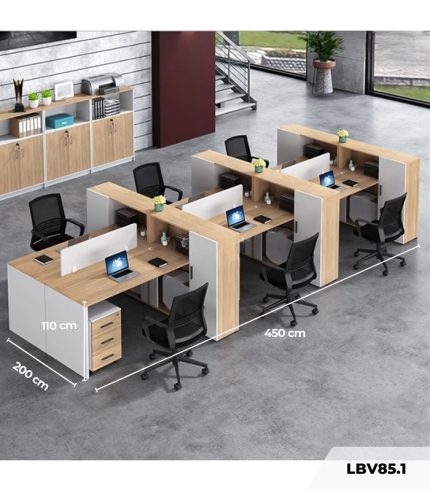 Cụm bàn làm việc 6 người LBV85.1 450x200 - Vân gỗ nhạt kết hợp Trắng