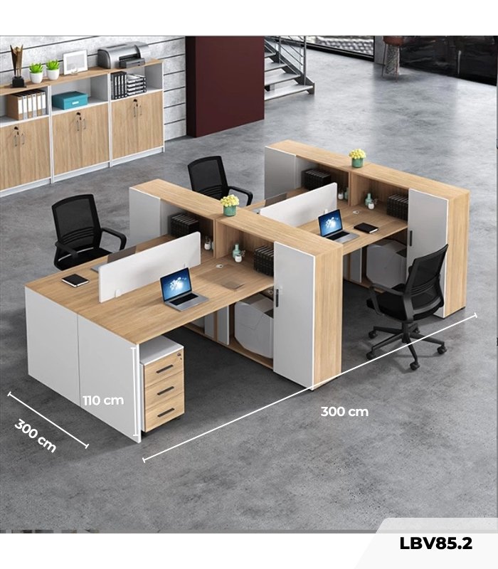 Cụm bàn làm việc 4 người LBV85.2 300x200 - Vân gỗ nhạt kết hợp Trắng