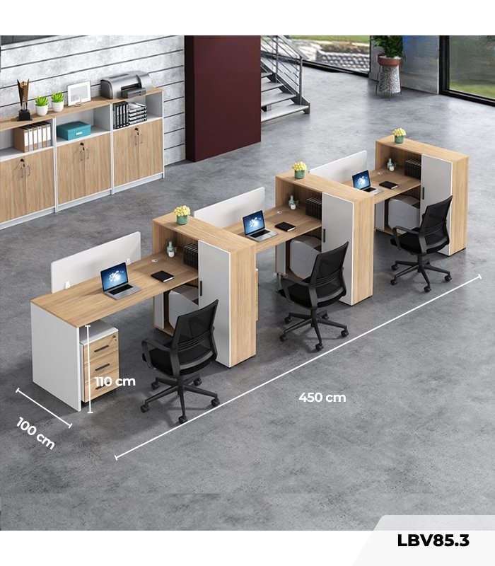 Cụm bàn làm việc 3 người LBV85.3 450x100 - Vân gỗ nhạt kết hợp Trắng