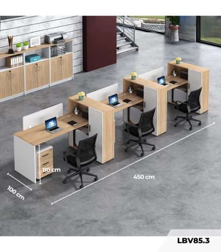Cụm bàn làm việc 3 người LBV85.3 450x100 - Vân gỗ nhạt kết hợp Trắng
