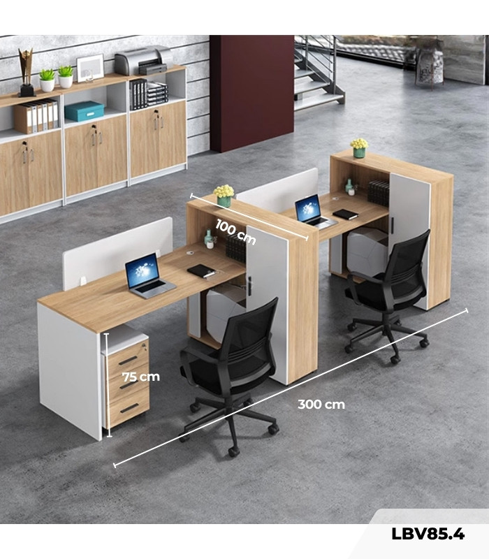 Cụm bàn làm việc 2 người LBV85.4 300x100 - Vân gỗ nhạt kết hợp Trắng