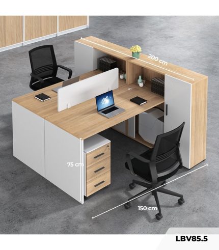 Cụm bàn làm việc 2 người LBV85.5 150x200 - Vân gỗ nhạt kết hợp Trắng