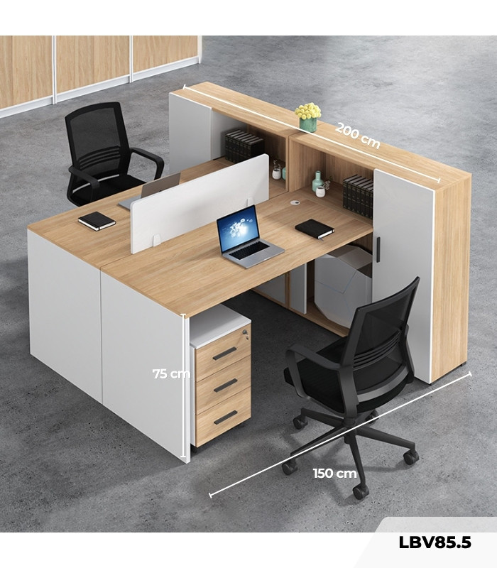 Cụm bàn làm việc 2 người LBV85.5 150x200 - Vân gỗ nhạt kết hợp Trắng