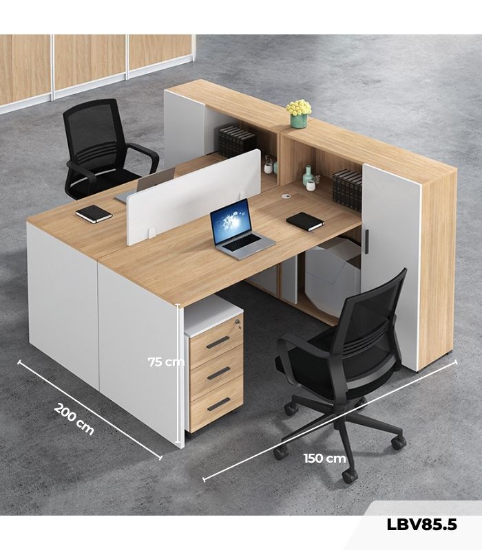 Cụm bàn làm việc 2 người LBV85.5 150x200 - Vân gỗ nhạt kết hợp Trắng