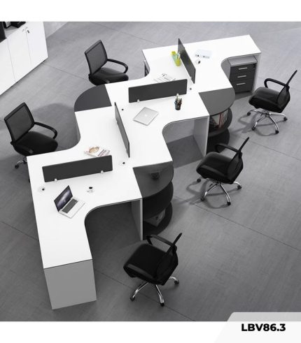 Cụm bàn làm việc 4+1 người LBV86.3 509x185 - Trắng kết hợp Đen