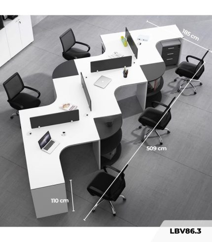 Cụm bàn làm việc 4+1 người LBV86.3 509x185 - Trắng kết hợp Đen