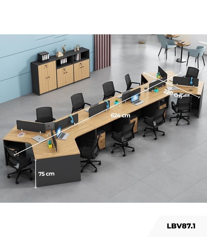 Cụm bàn làm việc 8+2 người LBV87.1 624x220 - Vân gỗ nhạt kết hợp Ghi