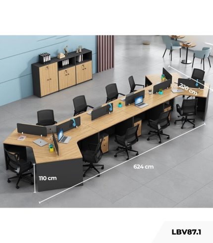 Cụm bàn làm việc 8+2 người LBV87.1 624x220 - Vân gỗ nhạt kết hợp Ghi