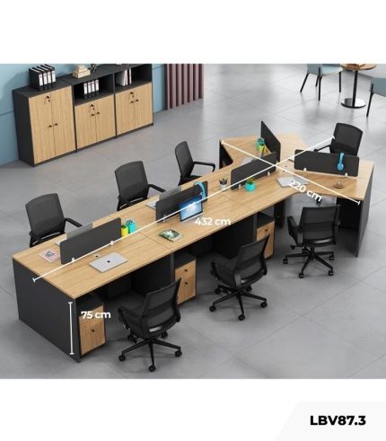 Cụm bàn làm việc 6+1 người LBV87.3 432x220 - Vân gỗ nhạt kết hợp Ghi
