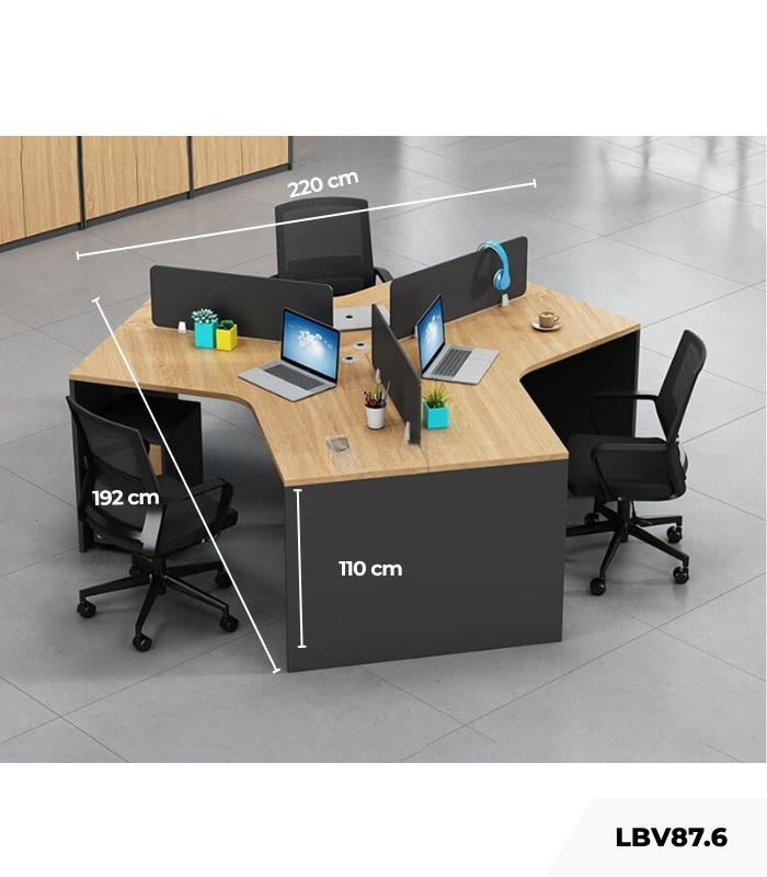Cụm bàn làm việc 3 người LBV87.6 220x192 - Vân gỗ nhạt kết hợp Ghi