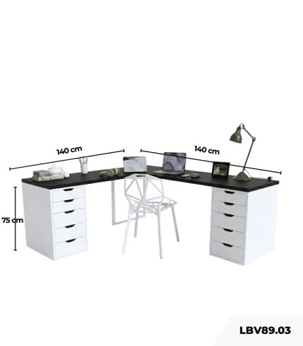 Bàn làm việc IKEA Chữ L 2 Tủ LBV89.03 140x140 - Trắng + Đen