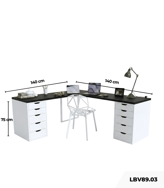 Bàn làm việc IKEA Chữ L 2 Tủ LBV89.03 140x140 - Trắng + Đen