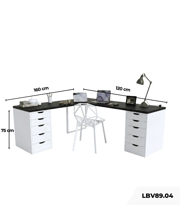 Bàn làm việc IKEA Chữ L 2 Tủ LBV89.04 160x120 - Trắng + Đen