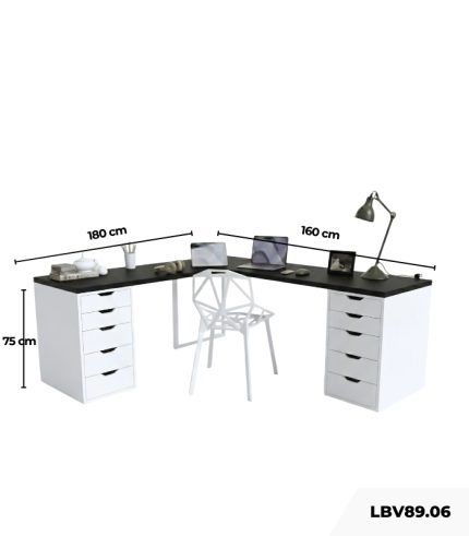 Bàn làm việc IKEA Chữ L 2 Tủ LBV89.06 180x160 - Trắng + Đen